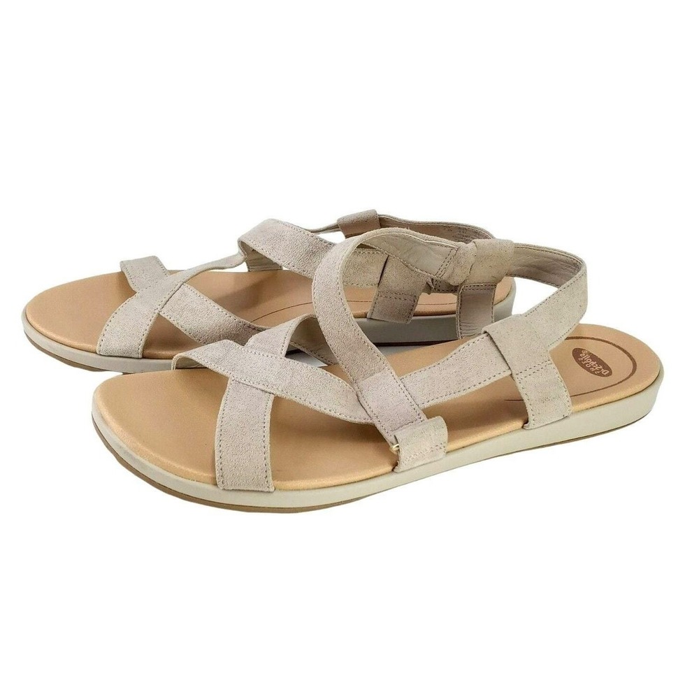 Dr Scholls Womens 9.5M Preview Tan Beige Leather‎ Open Toe Strap Low Heel Sandal